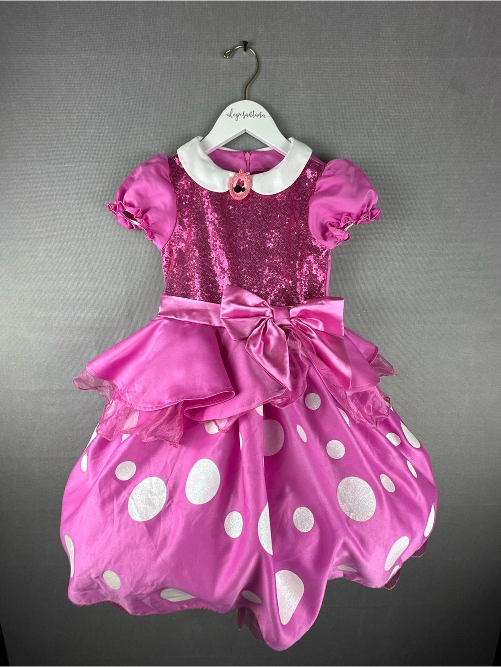 Pink Minnie Mouse Costume Dress Girls Sequin Satin Bow Polka Dot Layered Skirt